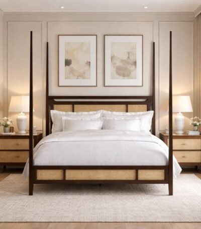 EvoCanewood sheesham wood bed with solid wood frame and cane detailing
