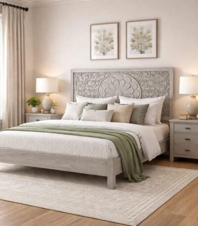 Flora Grey handcrafted grey wooden bed made from mango wood with floral carved headboard