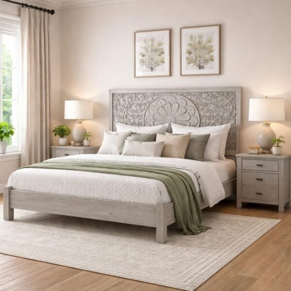 Flora Grey handcrafted grey wooden bed made from mango wood with floral carved headboard