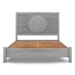 Flora Grey handcrafted grey wooden bed made from mango wood with floral carved headboard