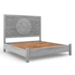Flora Grey handcrafted grey wooden bed made from mango wood with floral carved headboard