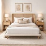 Linea solid wood cane bed with handwoven cane headboard