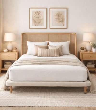 Linea solid wood cane bed with handwoven cane headboard