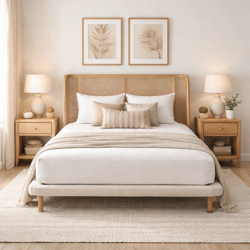 Linea solid wood cane bed with handwoven cane headboard