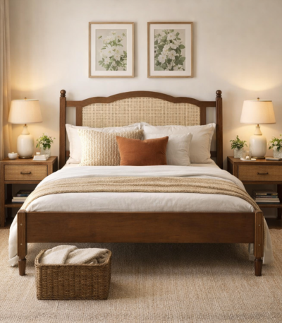Luxecraft cane bed with solid wood frame and handwoven cane headboard