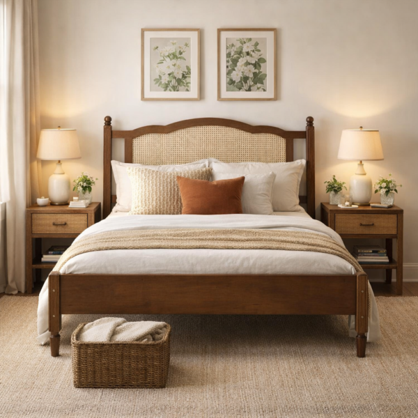 Luxecraft cane bed with solid wood frame and handwoven cane headboard