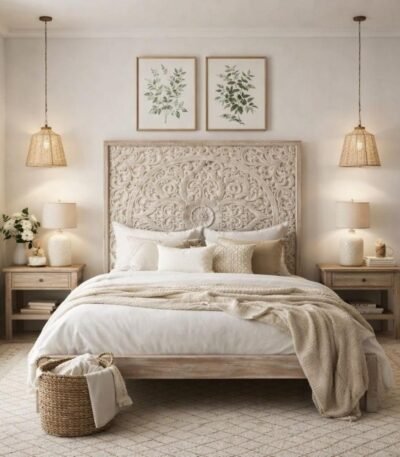 Magnolia mango wood bed with floral handcarved headboard