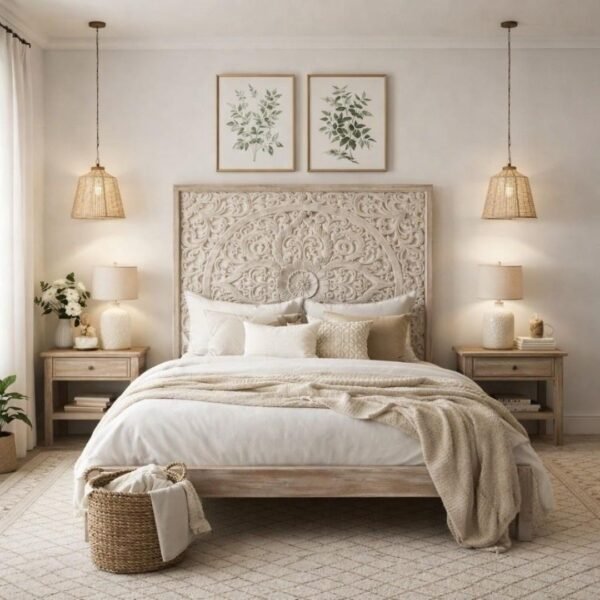 Magnolia mango wood bed with floral handcarved headboard