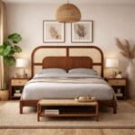 Maison rattan bed with solid wood frame and woven rattan headboard