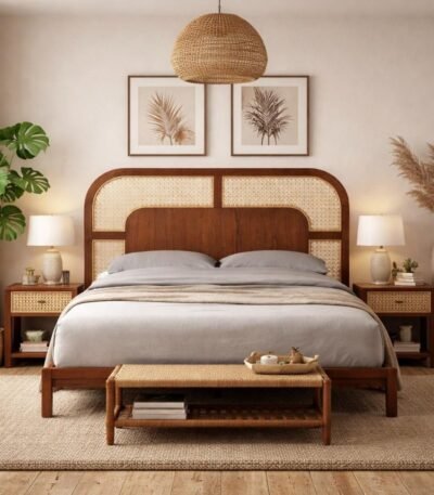 Maison rattan bed with solid wood frame and woven rattan headboard