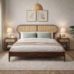 Miro solid wood rattan bed with woven cane headboard