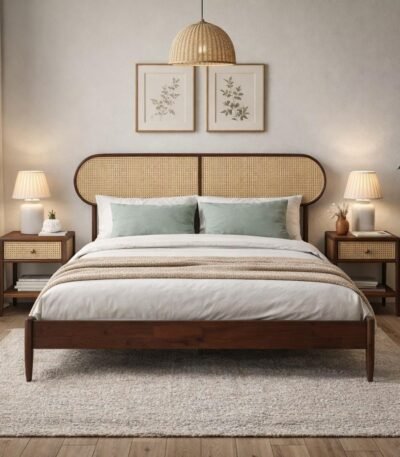 Miro solid wood rattan bed with woven cane headboard