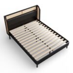 Sheesham wood cane bed with modern upholstered headboard