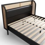 Sheesham wood cane bed with modern upholstered headboard