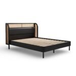 Sheesham wood cane bed with modern upholstered headboard