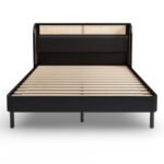Sheesham wood cane bed with modern upholstered headboard