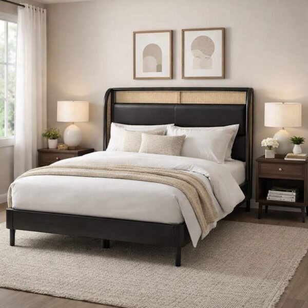 Sheesham wood cane bed with modern upholstered headboard