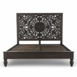 Nivaan hand carved mango wood bed with floral carved headboard in dark finish