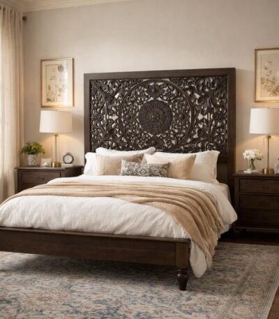 Nivaan hand carved mango wood bed with floral carved headboard in dark finish