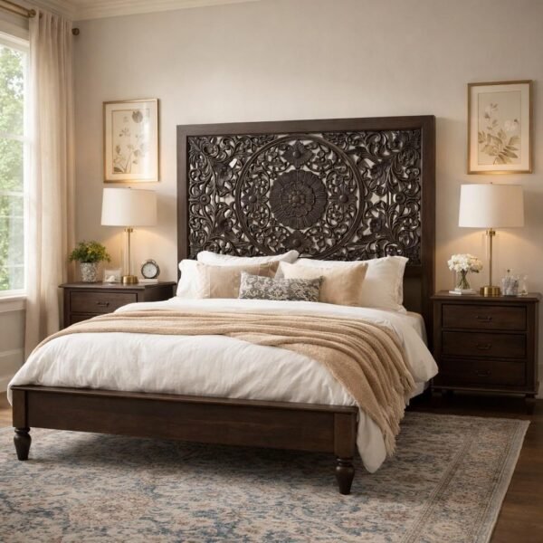 Nivaan hand carved mango wood bed with floral carved headboard in dark finish