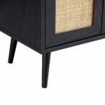 NoirCane Sheesham wood bar cabinet with black finish and natural cane doors, wine rack, display shelf, and mid-century legs.