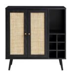 NoirCane Sheesham wood bar cabinet with black finish and natural cane doors, wine rack, display shelf, and mid-century legs.