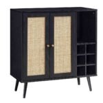 NoirCane Sheesham wood bar cabinet with black finish and natural cane doors, wine rack, display shelf, and mid-century legs.