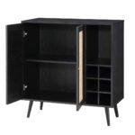 NoirCane Sheesham wood bar cabinet with black finish and natural cane doors, wine rack, display shelf, and mid-century legs.