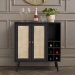 NoirCane cane bar cabinet in solid Sheesham wood with black finish and handwoven cane doors