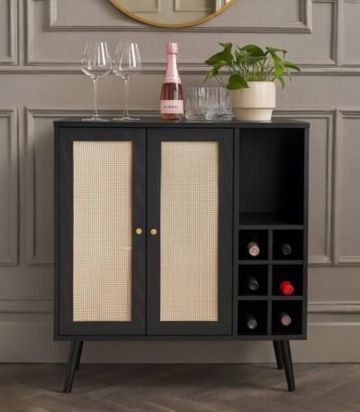NoirCane cane bar cabinet in solid Sheesham wood with black finish and handwoven cane doors