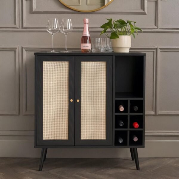 NoirCane cane bar cabinet in solid Sheesham wood with black finish and handwoven cane doors
