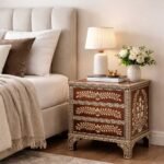 Noorja Bone Inlay Bedside Table handcrafted from solid mango wood with floral bone inlay design