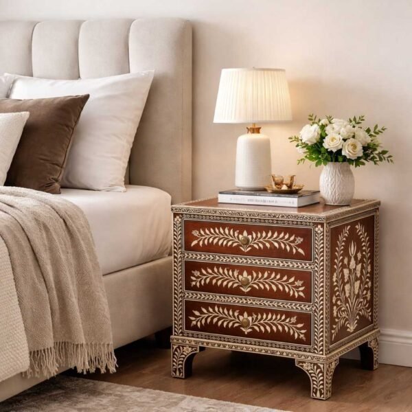 Noorja Bone Inlay Bedside Table handcrafted from solid mango wood with floral bone inlay design