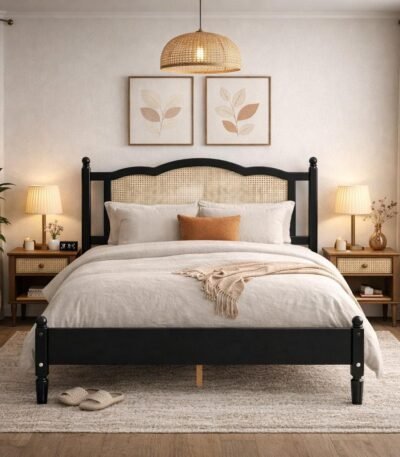 Prana wooden rattan cane bed with solid Sheesham wood frame