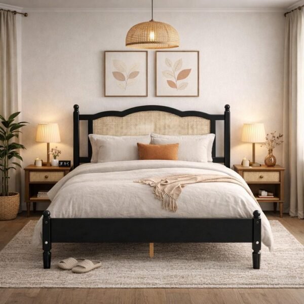 Prana wooden rattan cane bed with solid Sheesham wood frame