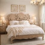 Shilpaura floral carved wooden bed with handcrafted Sheesham wood headboard