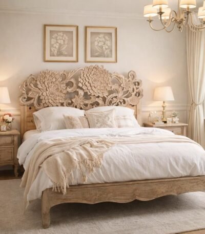 Shilpaura floral carved wooden bed with handcrafted Sheesham wood headboard