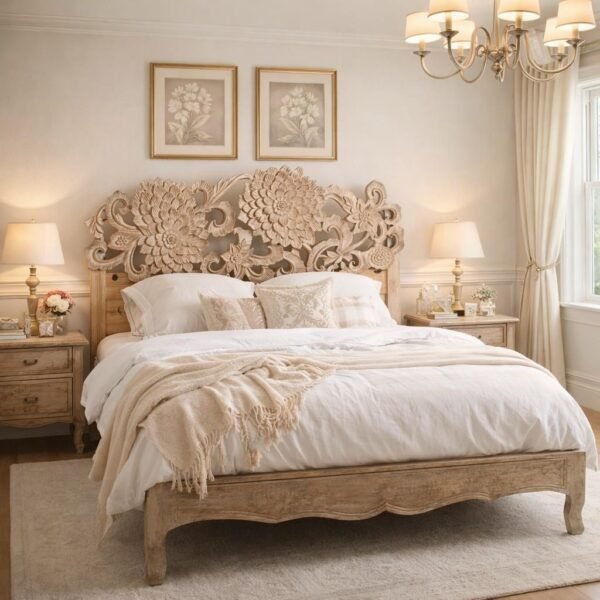 Shilpaura floral carved wooden bed with handcrafted Sheesham wood headboard