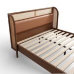Sheesham wood cane bed with upholstered headboard and solid wood frame