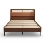 Sheesham wood cane bed with upholstered headboard and solid wood frame
