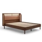 Sheesham wood cane bed with upholstered headboard and solid wood frame