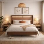 Sheesham wood cane bed with upholstered headboard and solid wood frame