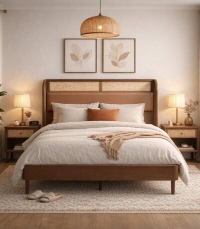 Sheesham wood cane bed with upholstered headboard and solid wood frame