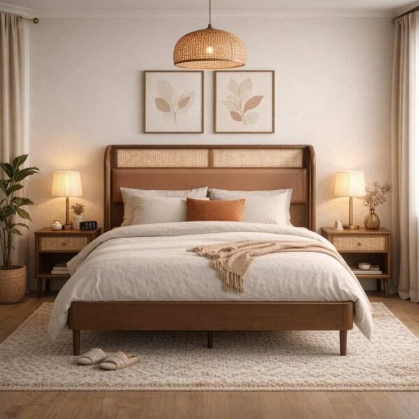 Sheesham wood cane bed with upholstered headboard and solid wood frame