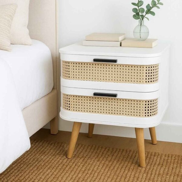 VERA white cane side table witazh two drawers made from solid Sheesham wood