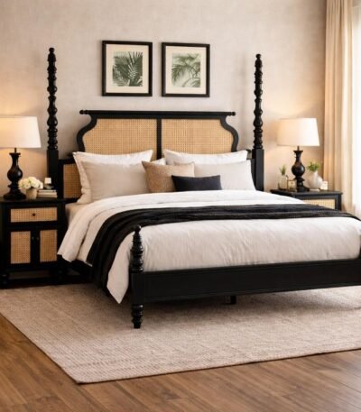 Virasat cane poster bed made from solid mango wood with woven cane headboard