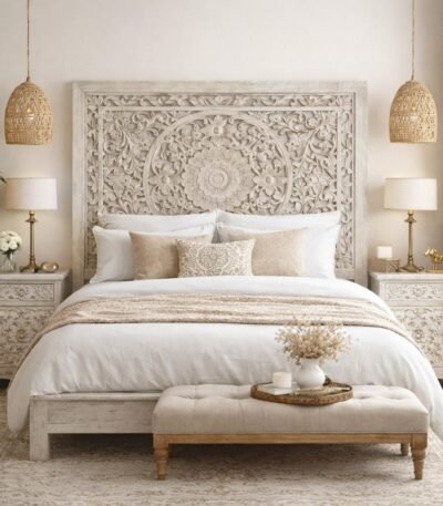 Whitehaven handcrafted white bed in distressed finish made from solid sheesham wood