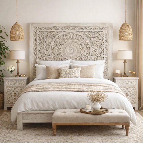 Whitehaven handcrafted white bed in distressed finish made from solid sheesham wood