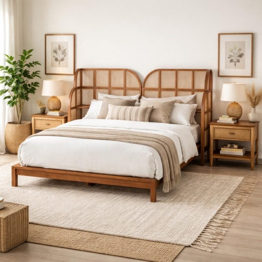 ZenWeave coastal bedroom bed with solid wood frame and woven cane headboard