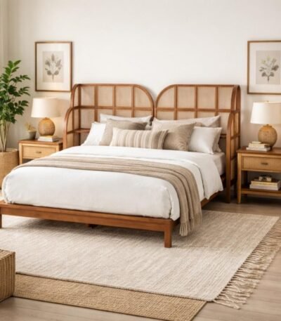 ZenWeave coastal bedroom bed with solid wood frame and woven cane headboard